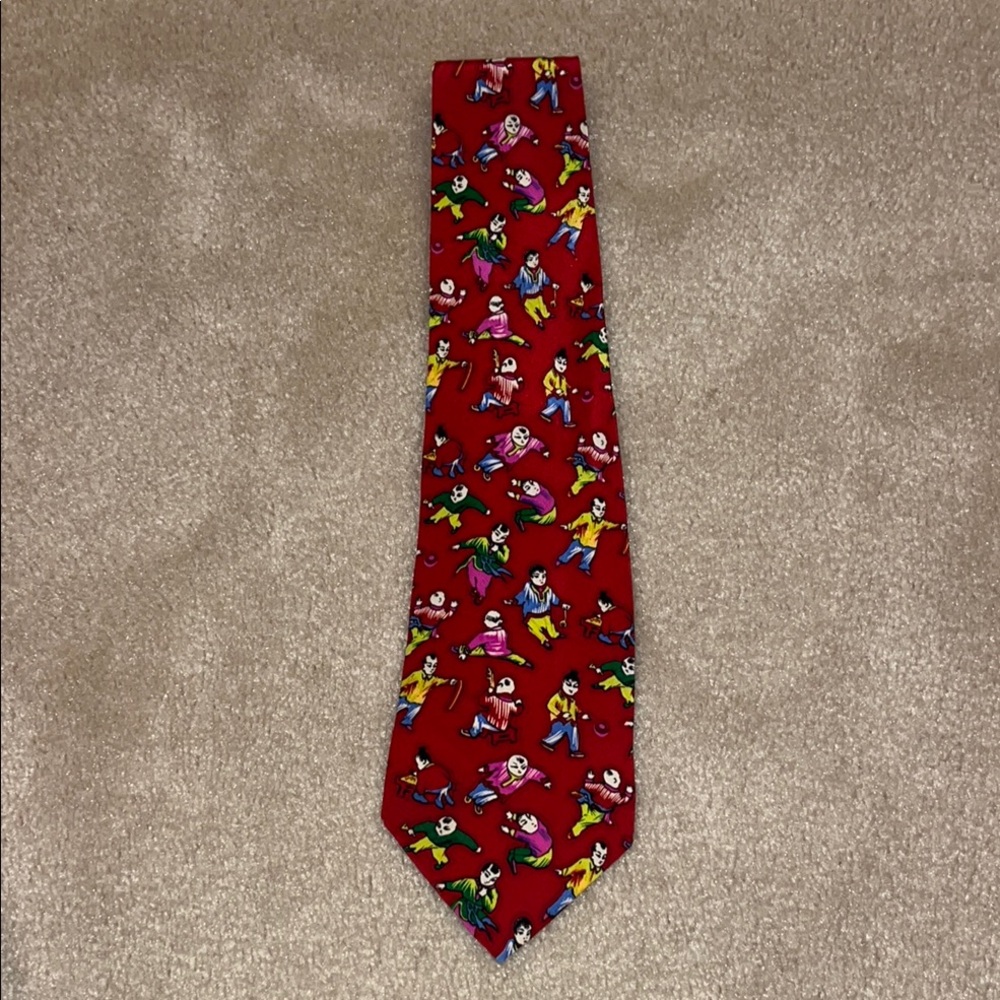 Colorful Red Tie with Playful Chinese dancing Figures